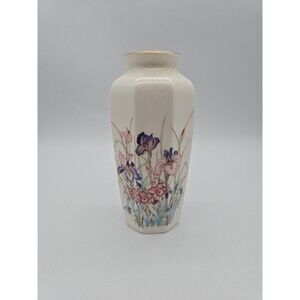 Vintage Asahi Japanese Octagonal Vase Irises & Gold Trim Adorned Marked